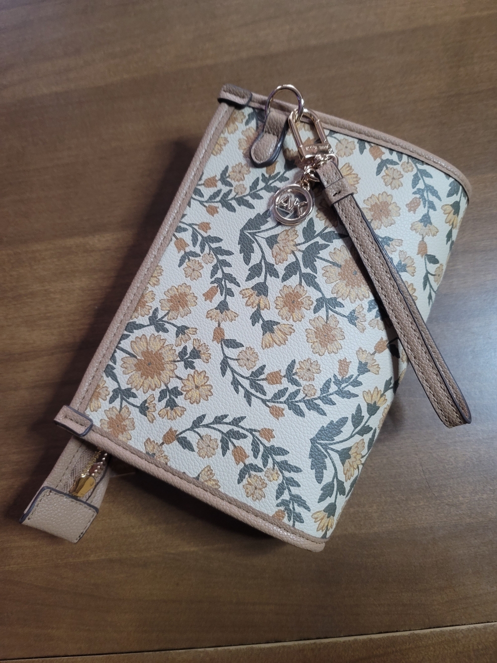 Anne Klein Floral Wristlet Clutch in Cream and Tan